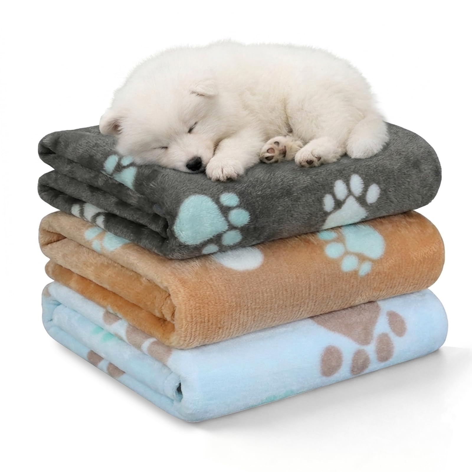 HOTUT 3 Piezas Manta Suave de Felpa para Perro,Manta Perro Suave Lavable Mante para Perros Pequeño Medianos,Ideales para Sofás y Cama,(60 x 40 cm,Gris,Beige,Azul)