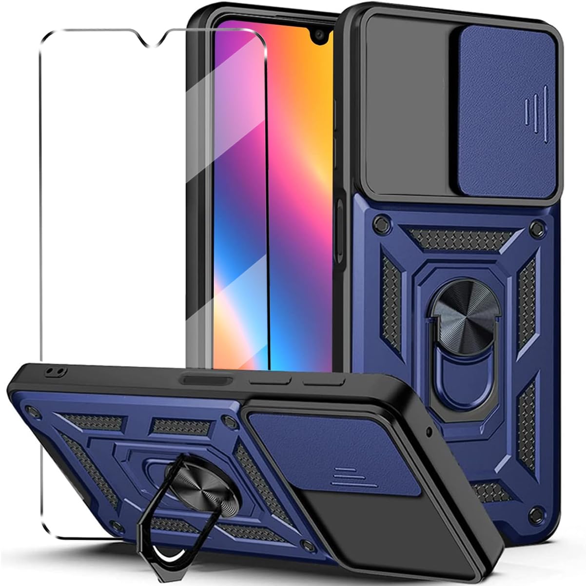 2-in-1 Case for Realme C63 Tempered Glass Case with Slide Camera Protection Cover Screen Protector Phone Case Heavy Duty Military Grade Protective Cover phone holder Case,Blue