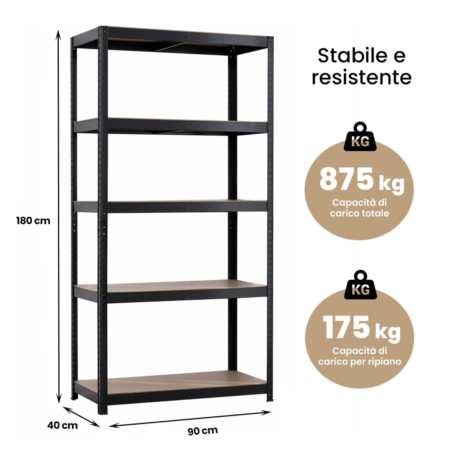 Brigros - Scaffale Metallo Garage 180x90x40cm Ad Alta Portata 875kg, 5 Ripiani Mdf, Scaffale Salvaspazio Ideale Per Garage, Officina, Cantina, Magazzino, Design Modulare (Doppio, Nero)