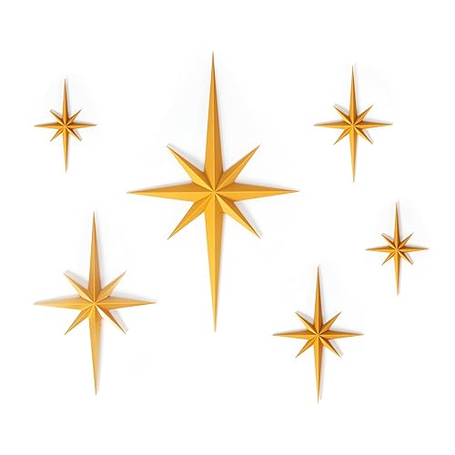 Stylor Mid Century Modern Decor, Gold Mcm Retro 3D Star Art Wall Sculpture, Plastic Starburst Decor, Vintage Celestial Whimsigoth Home Decor Accent. (Set of 6) - Gold
