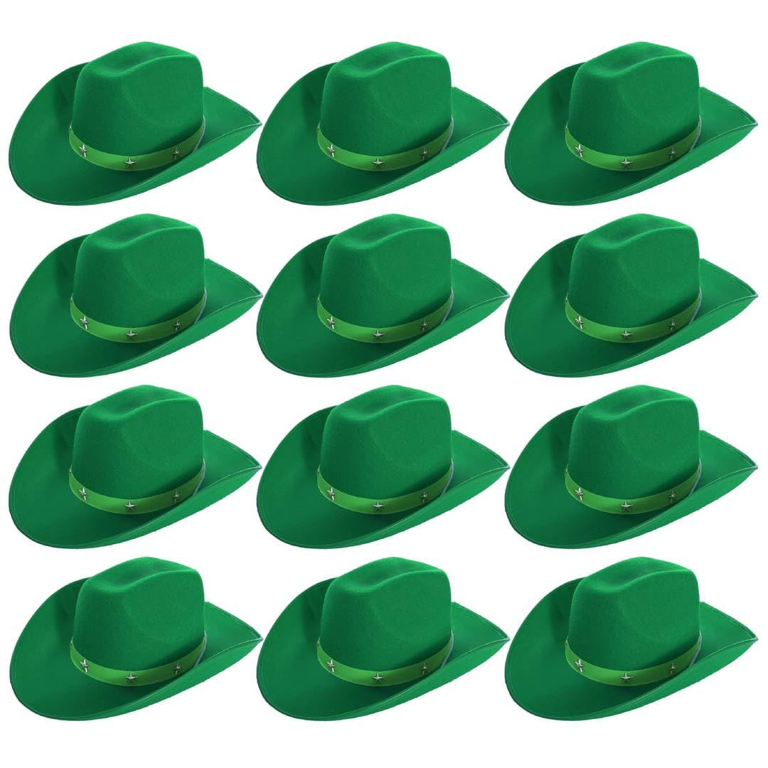 Adults Star Studded Cowboy Hat - Pack of 12 - Green Felt Western Style Hat with Decorative Star Studs - Classic Wild West Fancy Dress Costume Accessory for Parties Festivals Cosplay Cowgirl Events