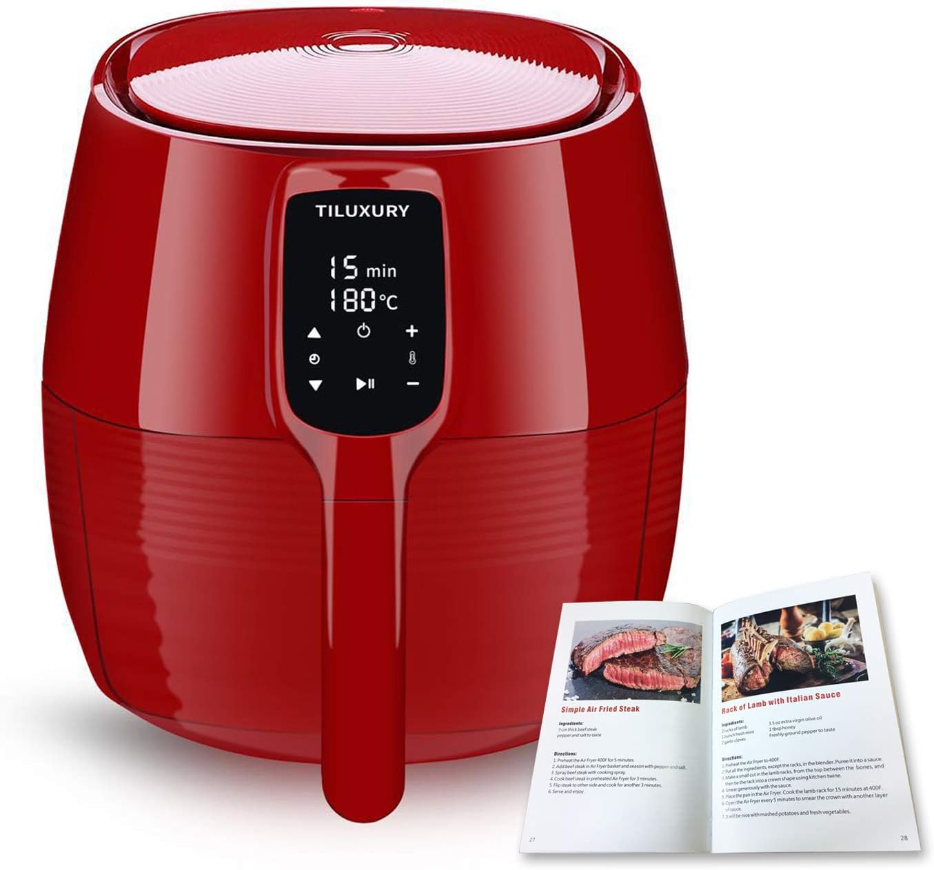 Air Fryer XL, 5.8QT Electric Large Deep Fryer Oil-free Touchscreen Healthy Cooker With Detachable Basket Dishwasher Safe Auto Shut Off, Include 50 Recipes Book, BBQ Rack and Skewers, Pizza Pan, Red