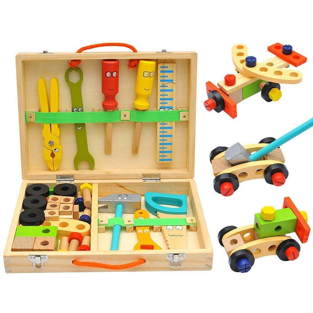 Mopoq Total-shop Wooden Blocks Construction Toys Set For Kids, Stacking Bricks Board Games Toolbox Pretend Toys DIY Model Projects - Assemble Disassemble Early Education Toys Gift For Boys And Girls