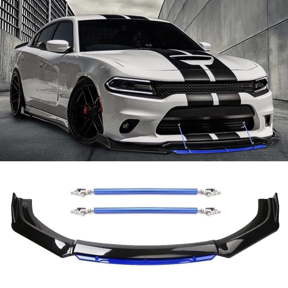 Universal Front Bumper Lip Body Kit, Glossy Black &Blue ABS Front Spoiler Front Bumper Lip Splitter Body Kit with 11”-13“ Blue Strut Rods