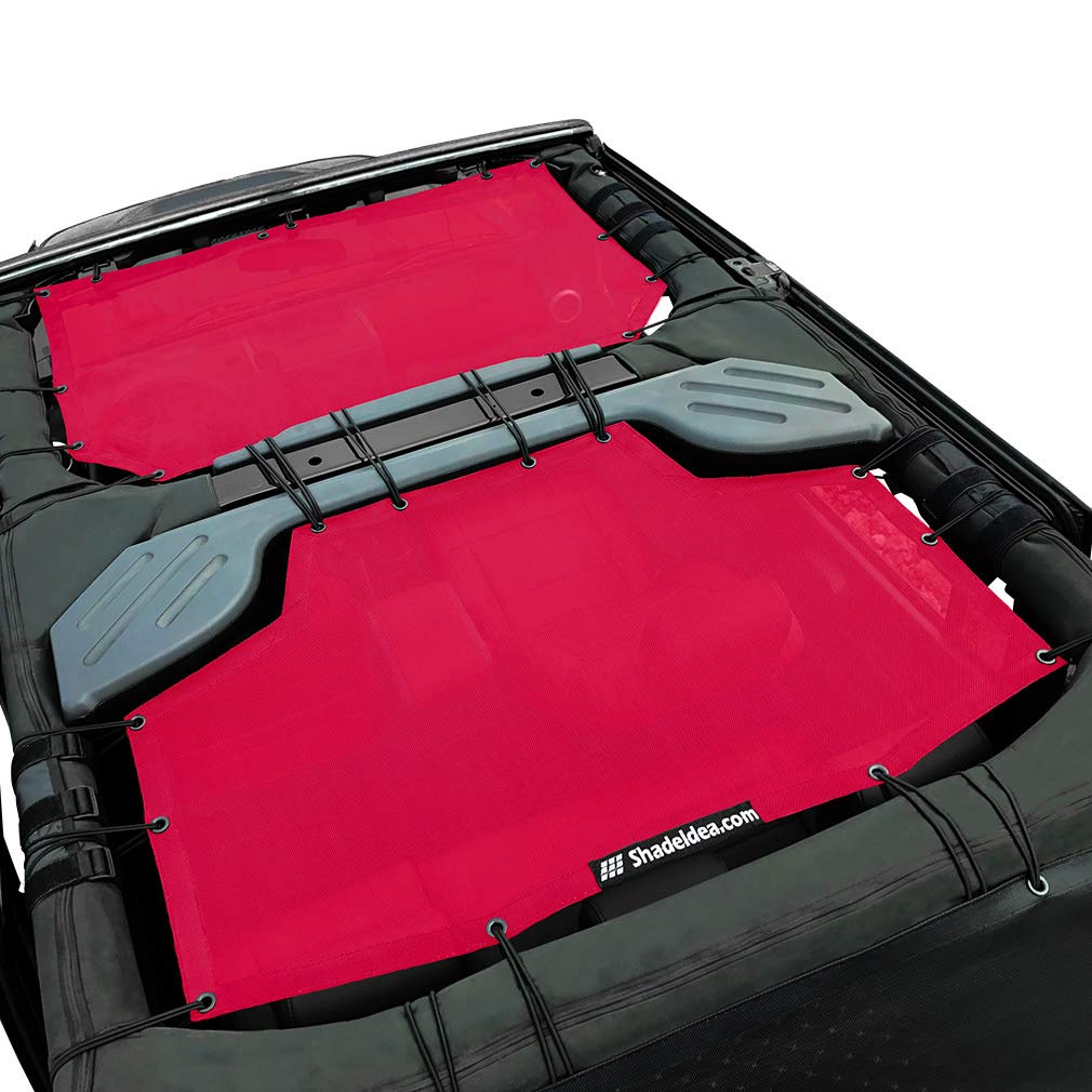 Shadeidea JK Sun Shade Top Compatible with Jeep Wrangler JKU Top Sunshade Soft Mesh Roof Cover (2007-2018)- Wind Noise UV Blocker -10 Year Warranty -4 Door -Cherry Red -Front&Rear (2 pcs)