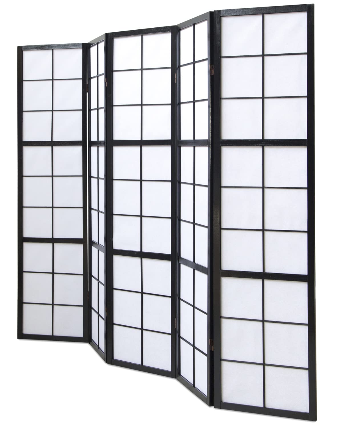 PEGANE Paravent Japonais Grands Carreaux Bois Noir et Papier de Riz - 5 pans - Dim : H 175 cm