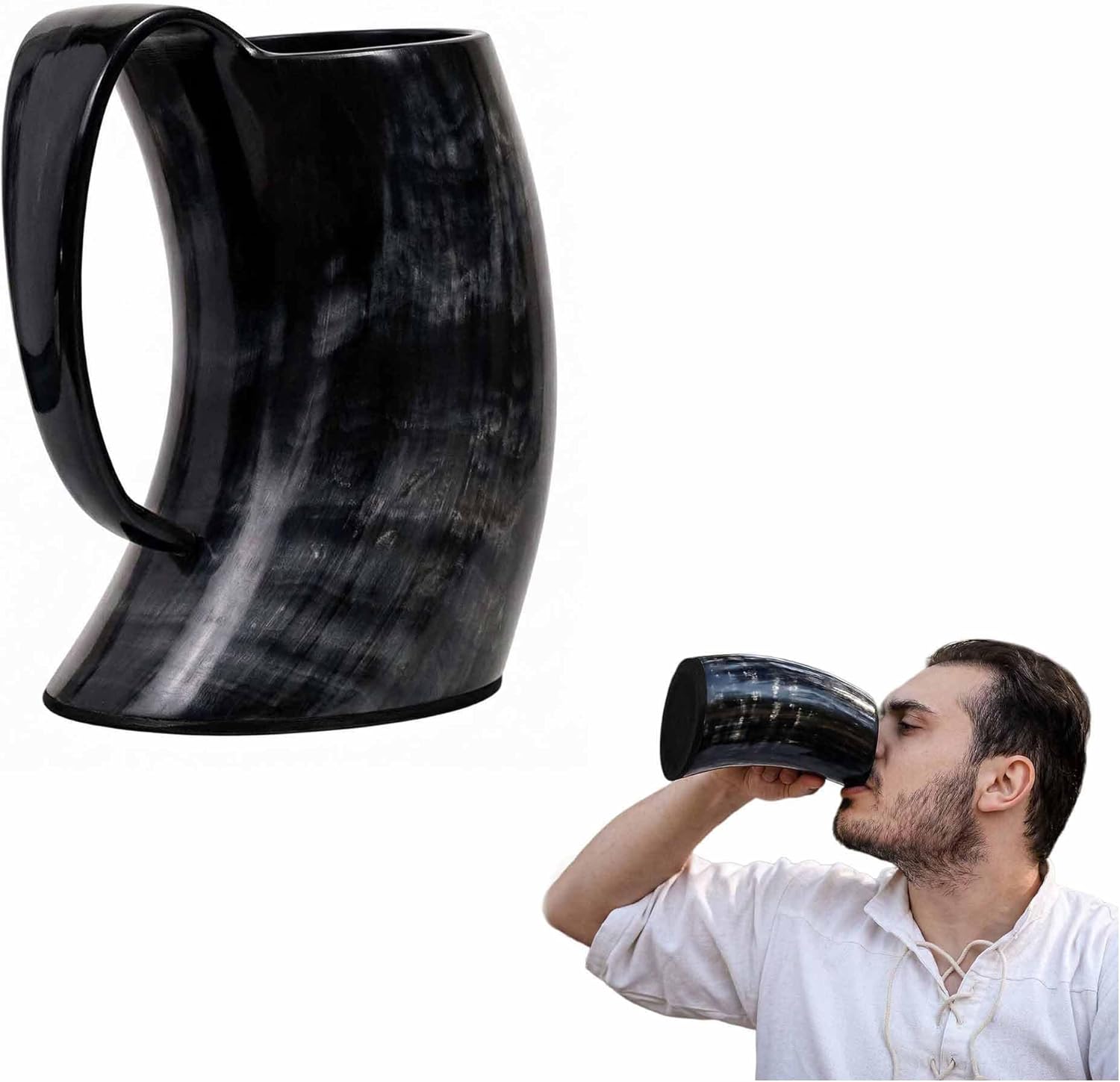 Lord of Battles Viking Horn Mug with Handle - 750 ml Natural Drinking Horn Tankard for Mead, Ale & Beer, Norse Style Cup for LARP, Reenactment & Medieval Events