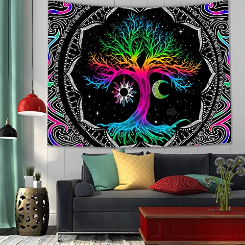 Trippy Tree Of Life Tapestry Sun And Moon Wall Tapestry For Bedroom Aesthetic Boho Galaxy Space Tapestry Colorful Fantasy Tree Wall Hanging Art For Living Room Decor 51"X 60" #TOP2
