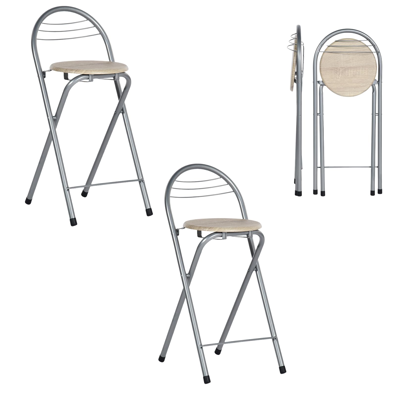ZZINOKE Set de 2 Taburete Bar Plegable, Silla Plegable De Metal y Madera, No Requiere Montaje, Apto para Cocina, Bistró, Tienda, Exterior, Altura del Asiento 61 cm(Grano de Madera y Plata)