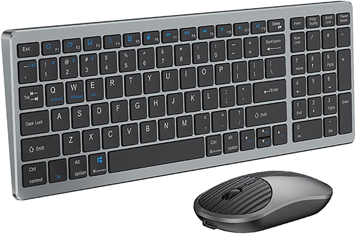 Wireless Bluetooth Rechargeable Keyboard and Mouse Combo. Rechargeable Dual-Mode (Bluetooth 5.0 and 3.0 +2.4G) Multi-Device Silent Mouse for Windows, iPad, Tablet, MacOS,iOS,Android (Grayish Black)