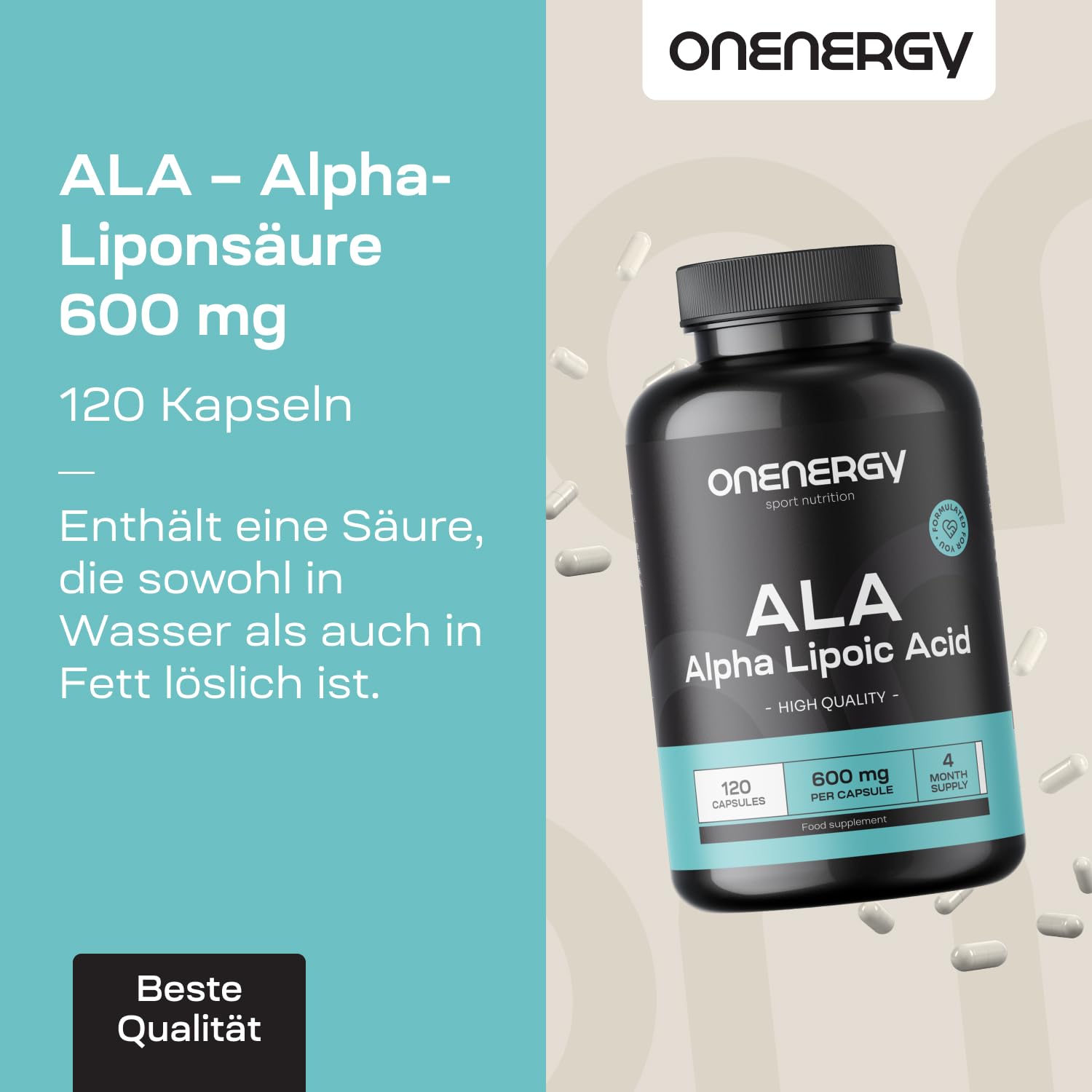 ALA – Alpha-Liponsäure 600 mg – 120 pflanzliche Kapseln – 4-Monats-Vorrat – Hohe Dosierung – Für Sportler und körperlich aktive Personen – Energieboost