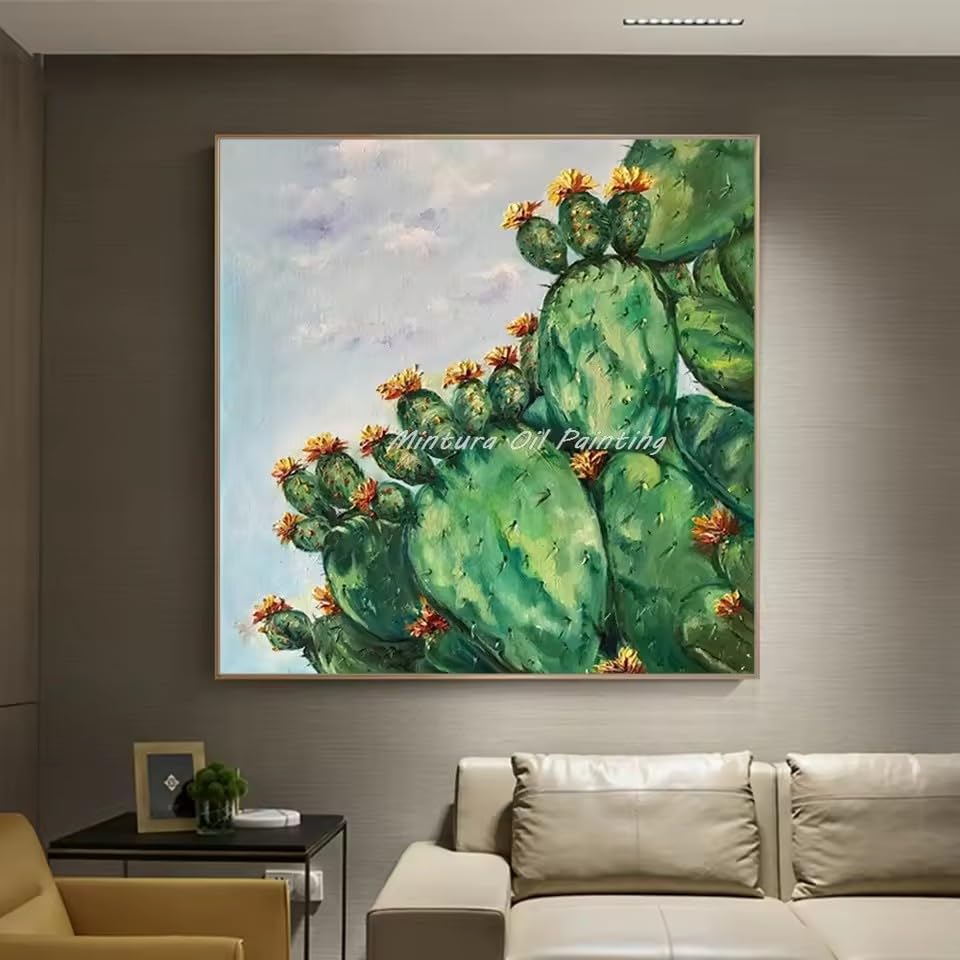 Tableau abstrait botanique de cactus pour salon esthetique peinture fleur sur toile 40x40