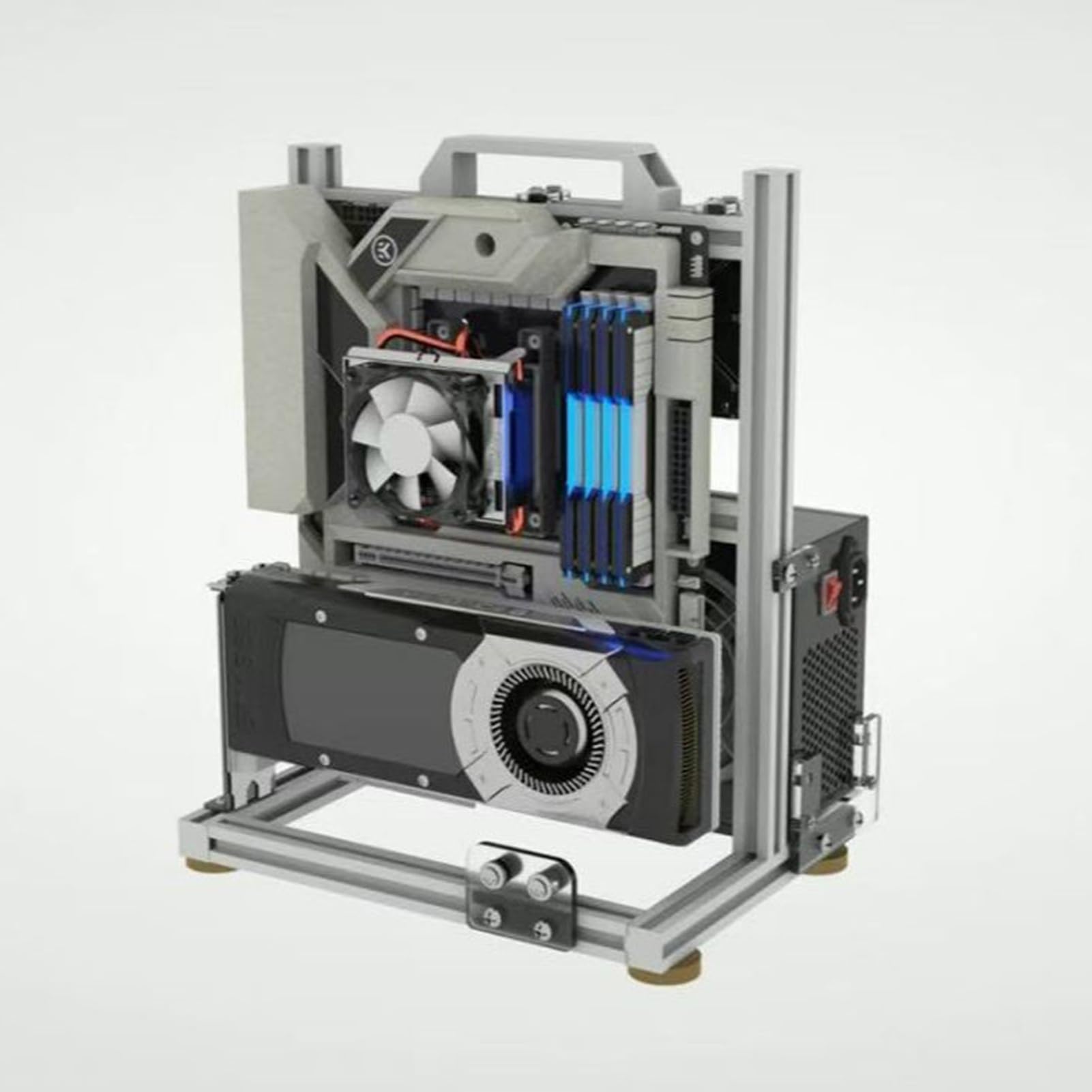 Otwarta obudowa PC z aluminium | ATX/MATX/ITX | montaż bez użycia narzędzi | optymalne chłodzenie powietrzem do gier i stacji roboczych (24 x 20 x 24 cm)