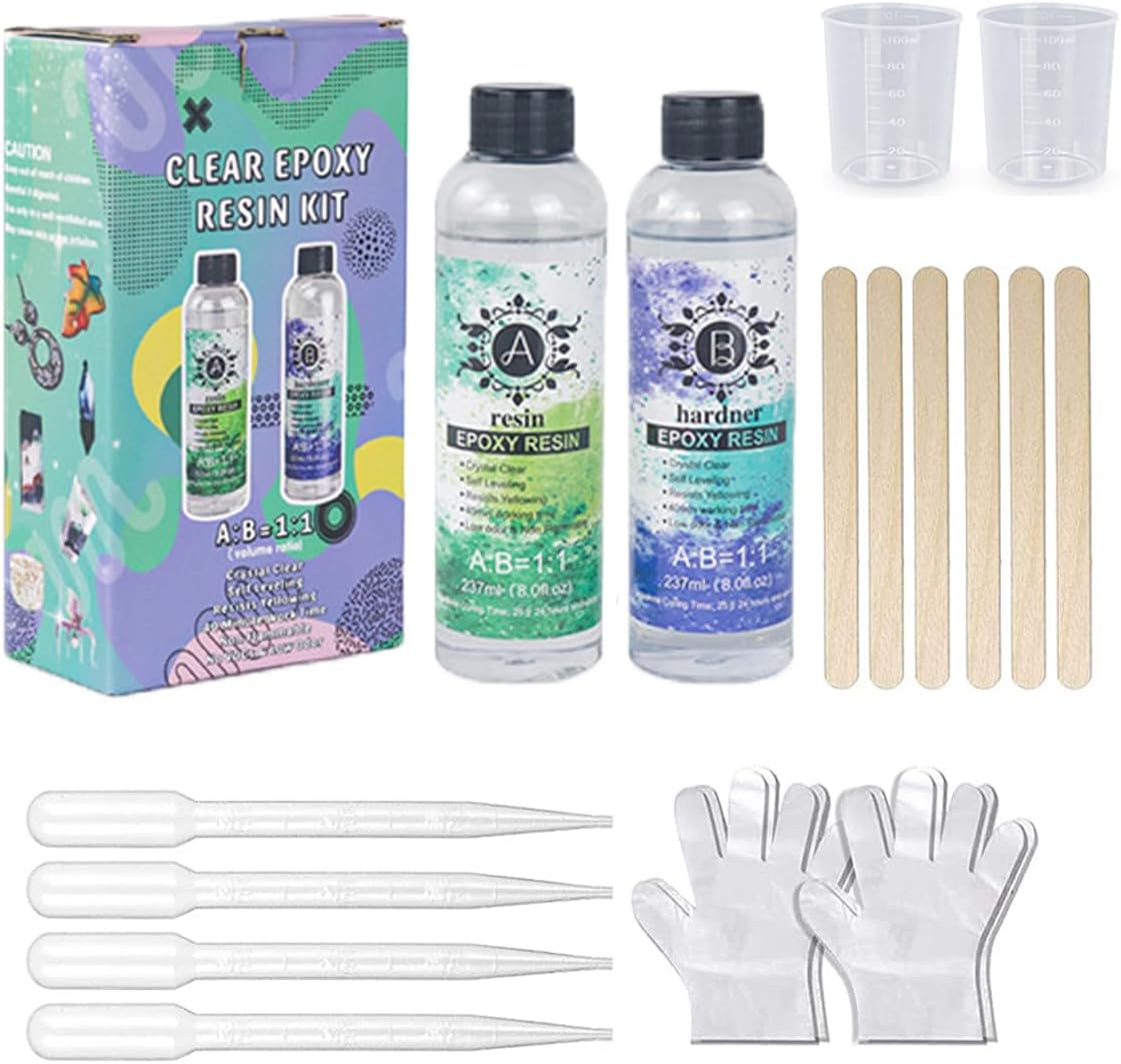 Epoxy Resin Kit, Crystal Clear Epoxy Resin - No Yellowing, No Bubble, Self Leveling, Easy Mix 1:1 for DIY Jewelry Making & Art Resin Casting (A/237ML+B/237ML)