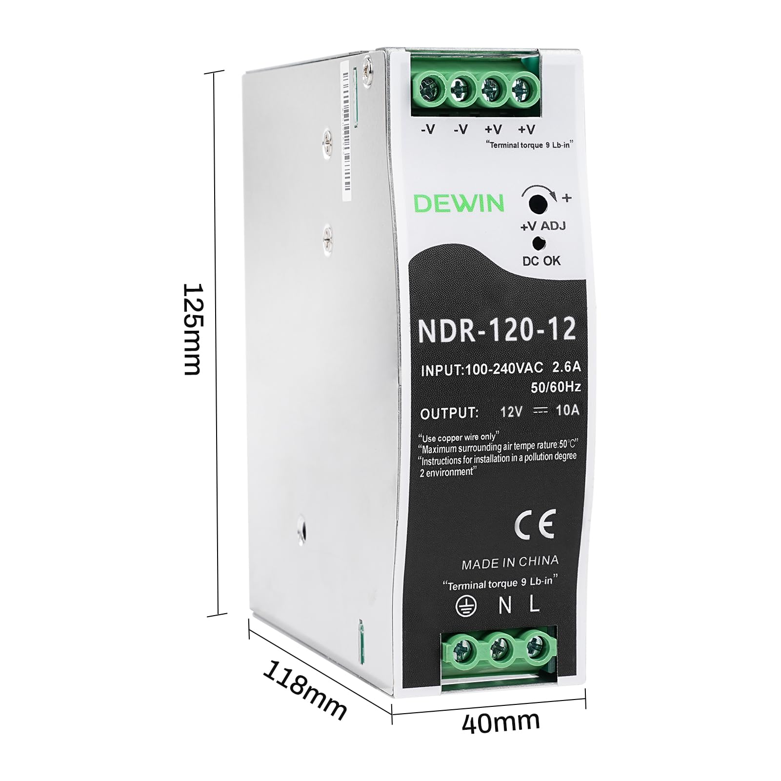 DEWIN Fuente de alimentación de carril DIN, 120W DC 12V 10A DIN rail fuente de alimentación de carril DIN