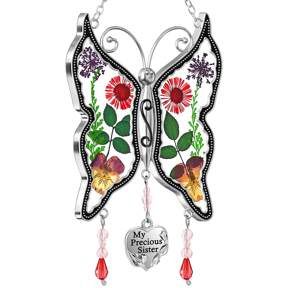 My Precious Sister Butterfly Suncatchers Glass Sister Wind Chime with Pressed Flower Wings Embedded in Glass with Metal Trim Sister Heart Charm Gifts for Sister Sister for Birthdays Christmas ‚¦-image-4
