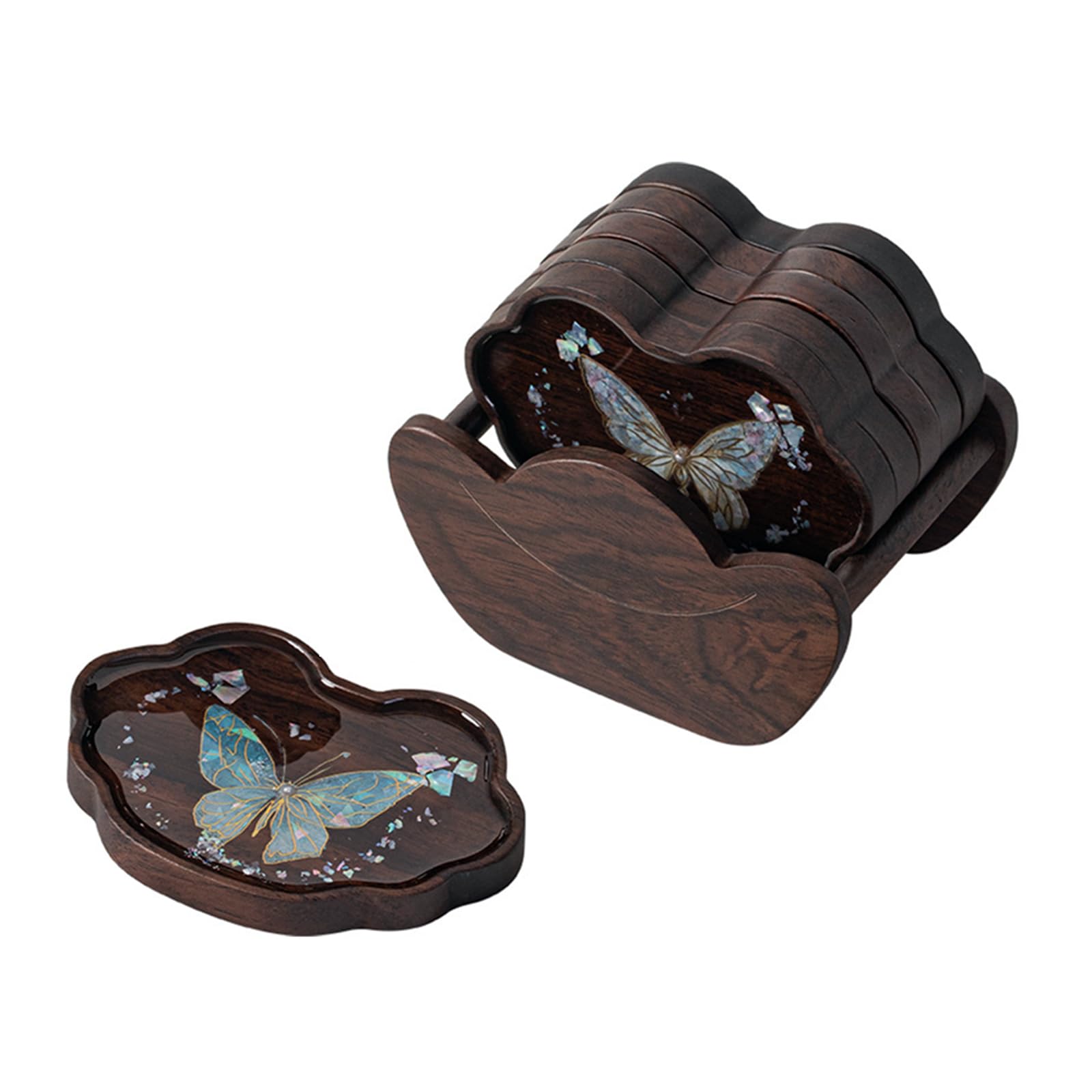 Handmade Butterfly Mother-of-Pearl Inlay Wooden Coaster Set with Holder, 6 PCS Black Walnut Coasters for Coffee Table, Tea Bar, Home Decor