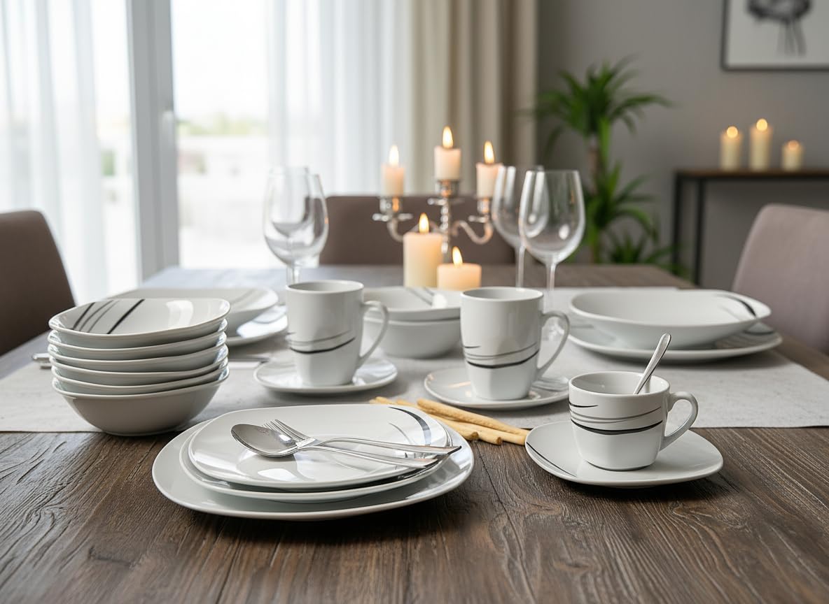 Cosmos Kombiservice 62-teilig, edle grau-schwarze Linien, eckig Porzellan