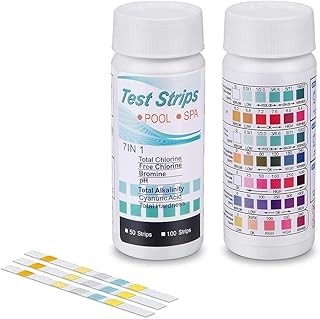7 IN 1 Pool Test Strips, 100PCS Swimming Pool Water Test Strip, Hot Tub Water Test Strips, Total Hardness, Total Chlorine, Bromine, Free Chlorine, PH, Cyanuric Acid & Total Alkalinity