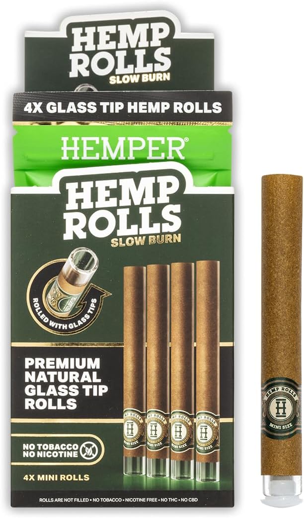 Hemper Pre-Rolled Mini Size Hemp Rolls with Reusable Glass Tips - 4PK | 12ct Display | Hand-Rolled, Natural Hemp Paper Rolls in Protective Case for Smooth, Clean Burn and Freshness - (Natural)