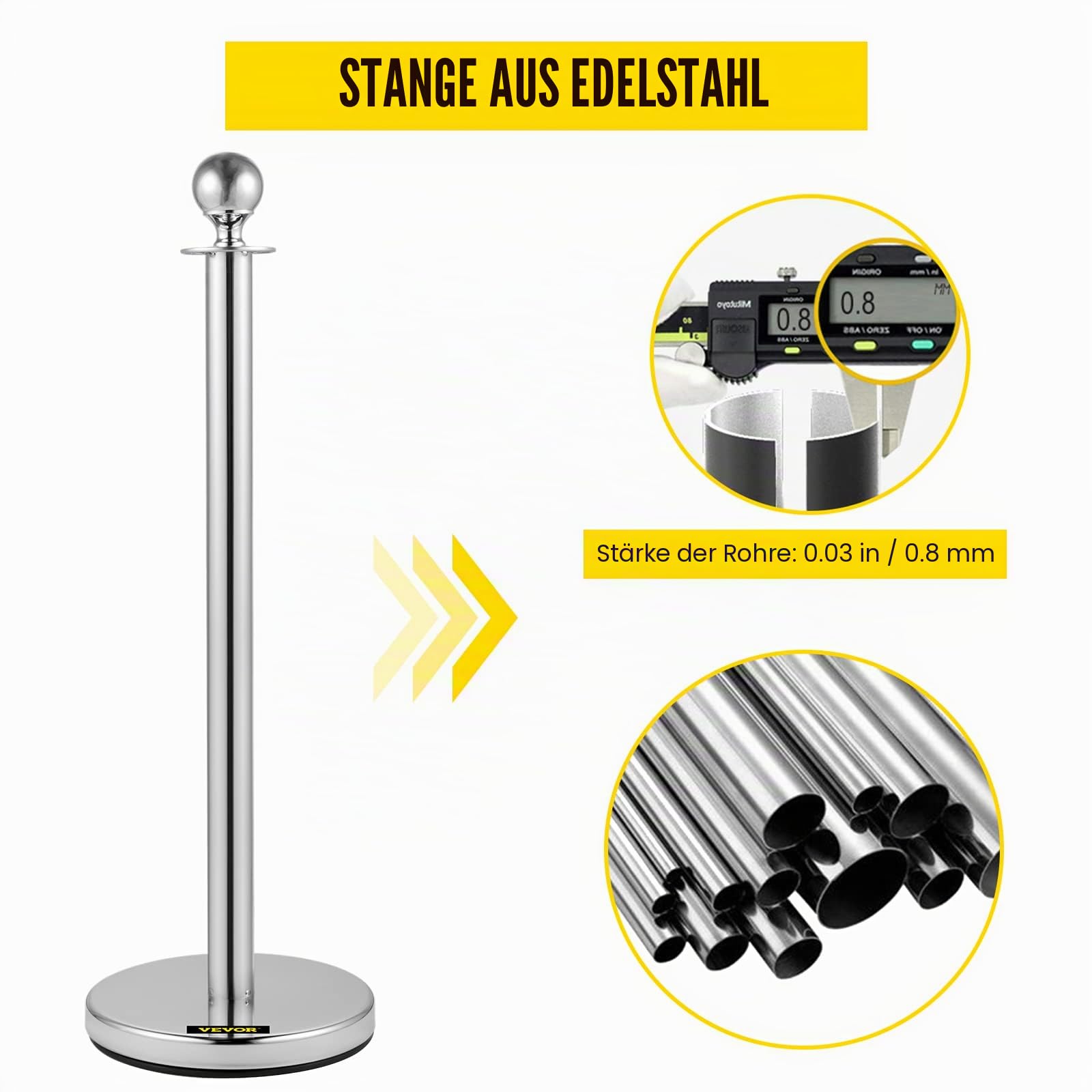 VEVOR Edelstahl Absperrpfosten Seil Abgrenzungsständer Kugelkopf 2 Rote Samtseile Silberne Säule 4 Packung Crowd Control Barriers