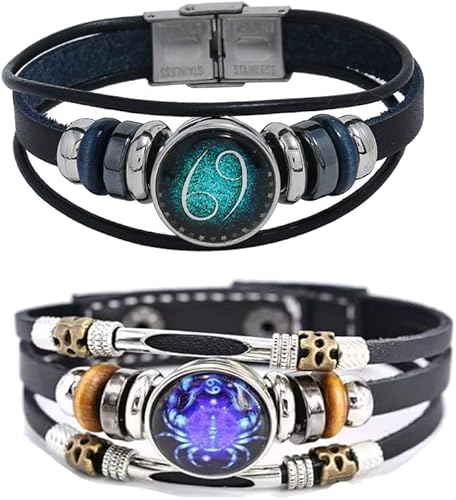 2 piezas de pulsera de cuero de constelación zodiacal multicapa hecha a mano con signos del zodiaco entrelazados para hombres y mujeres, joyería