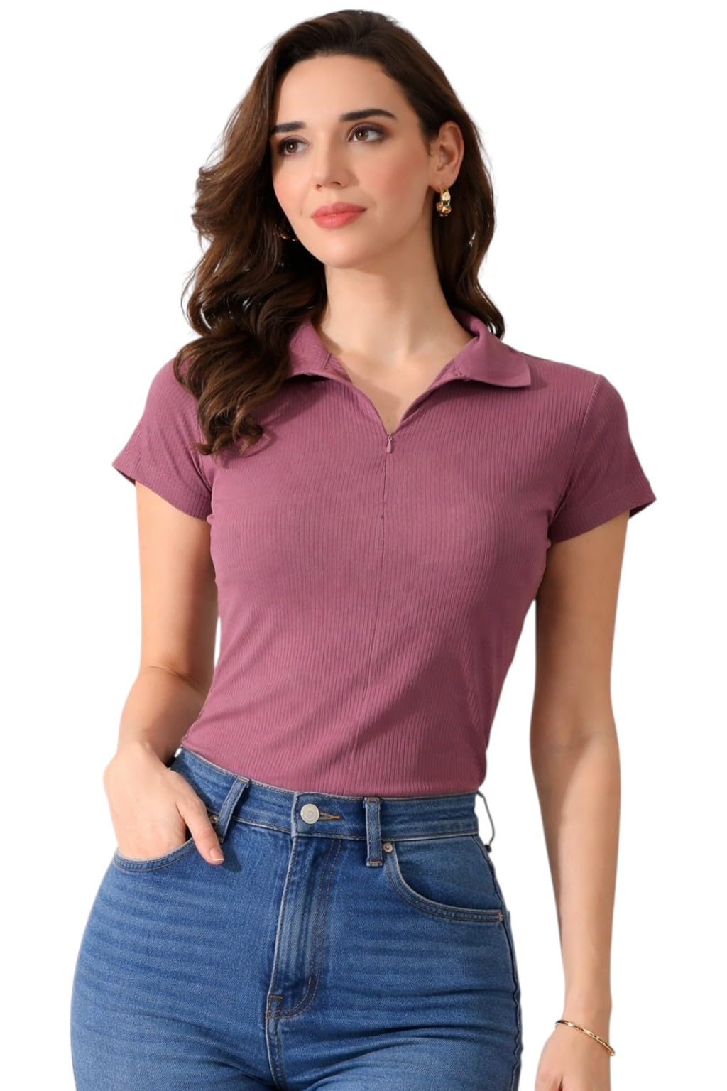 iuga Women's Black Ribbed Polo Collar Top-picture-45
