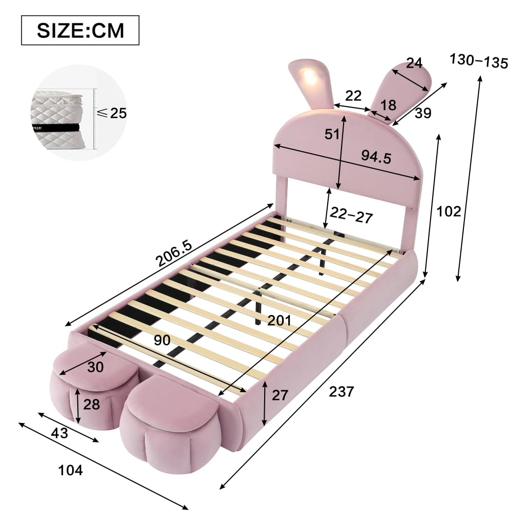 Cama infantil 90 x 200 cm, orejas de conejo brillantes, tiras luminosas cálidas, 2 taburetes de almacenamiento, listones de madera, terciopelo rosa