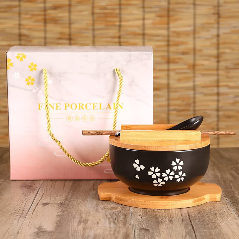 Japanese Black Ceramic Ramen Bowl with Lid and Spoon 6.3 Inch 1000ml Traditional Style Noodle Bowl Set with Chopsticks Bamboo Tray Ideal for Soup Cereal Parties Home Dining Restaurant Use - Image 3