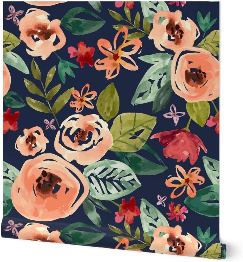 Removable Wallpaper 6ft x 2ft - Hand Painted Floral Navy Large Pink Blue Bloom Peach Winter Custom Pre-Pasted Wallpaper by Spoonflower