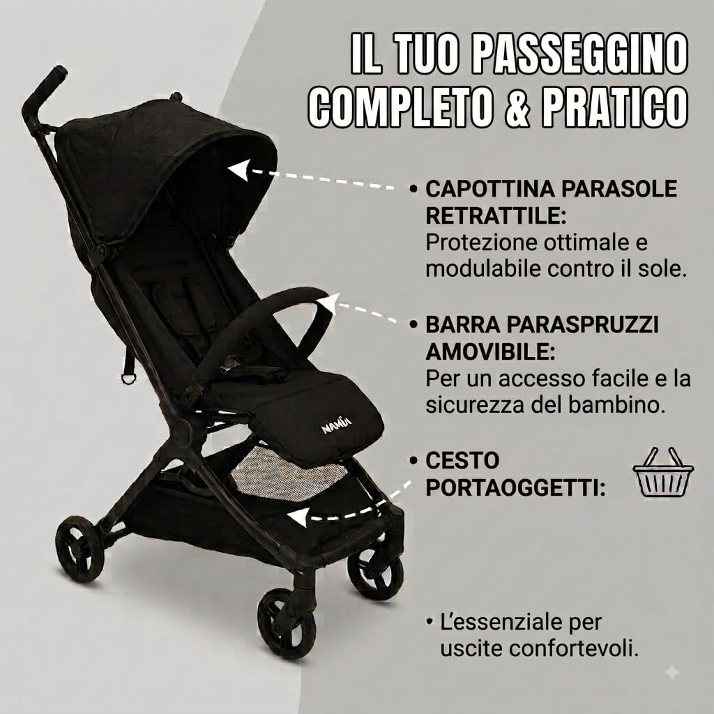 Nania, Passeggino Ultra-Compatto, Babyjet (0-15 kg) Omologato Cabina Aereo, Leggero 4,5 kg, Schienale reclinabile, Parasole regolabile, Borsa per il trasporto inclusa