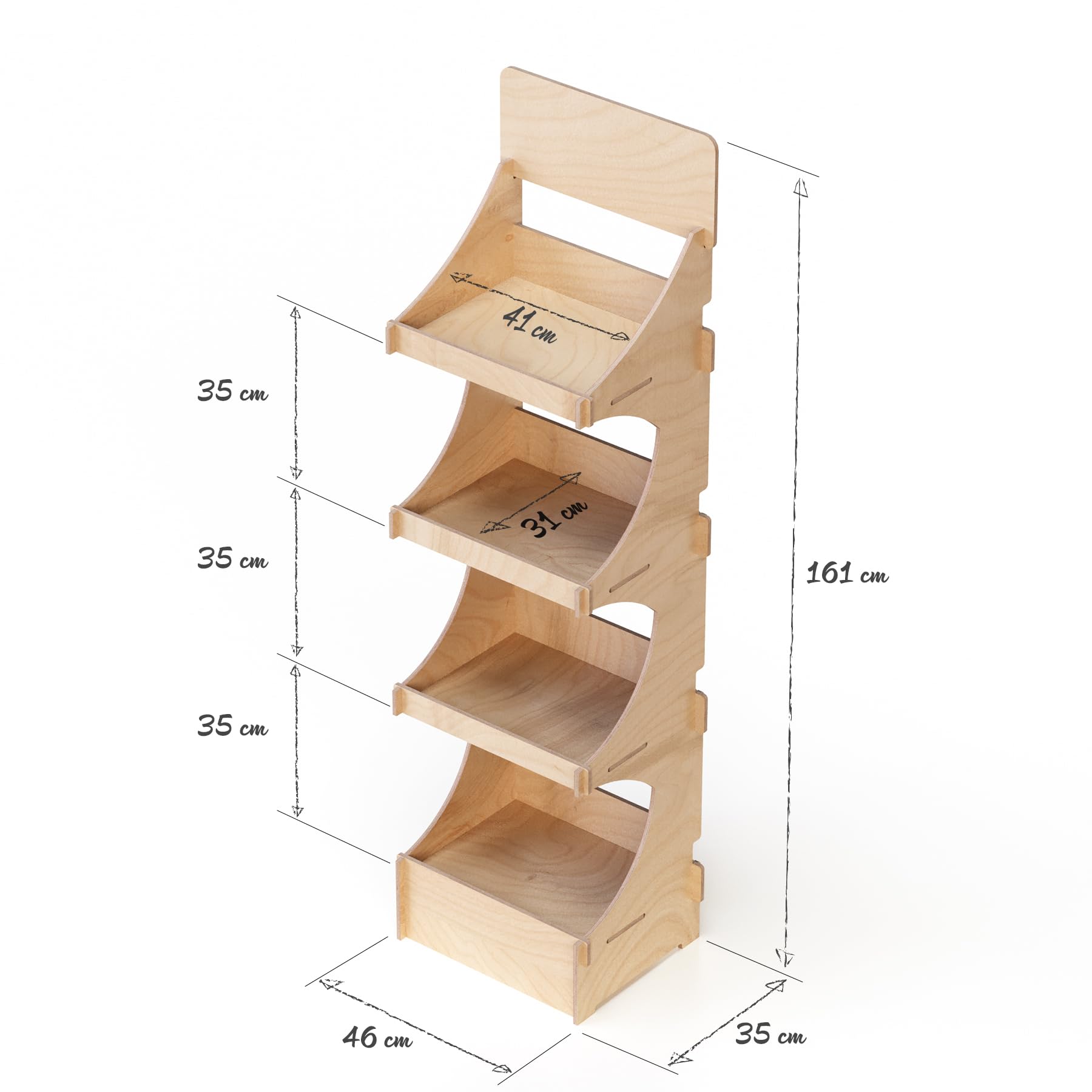 Expositor de Suelo, de Madera, fácil Montaje a encastre, con 4 estantes, Natural y sostenible. (Ancho 46 cm - 4 repinturas)