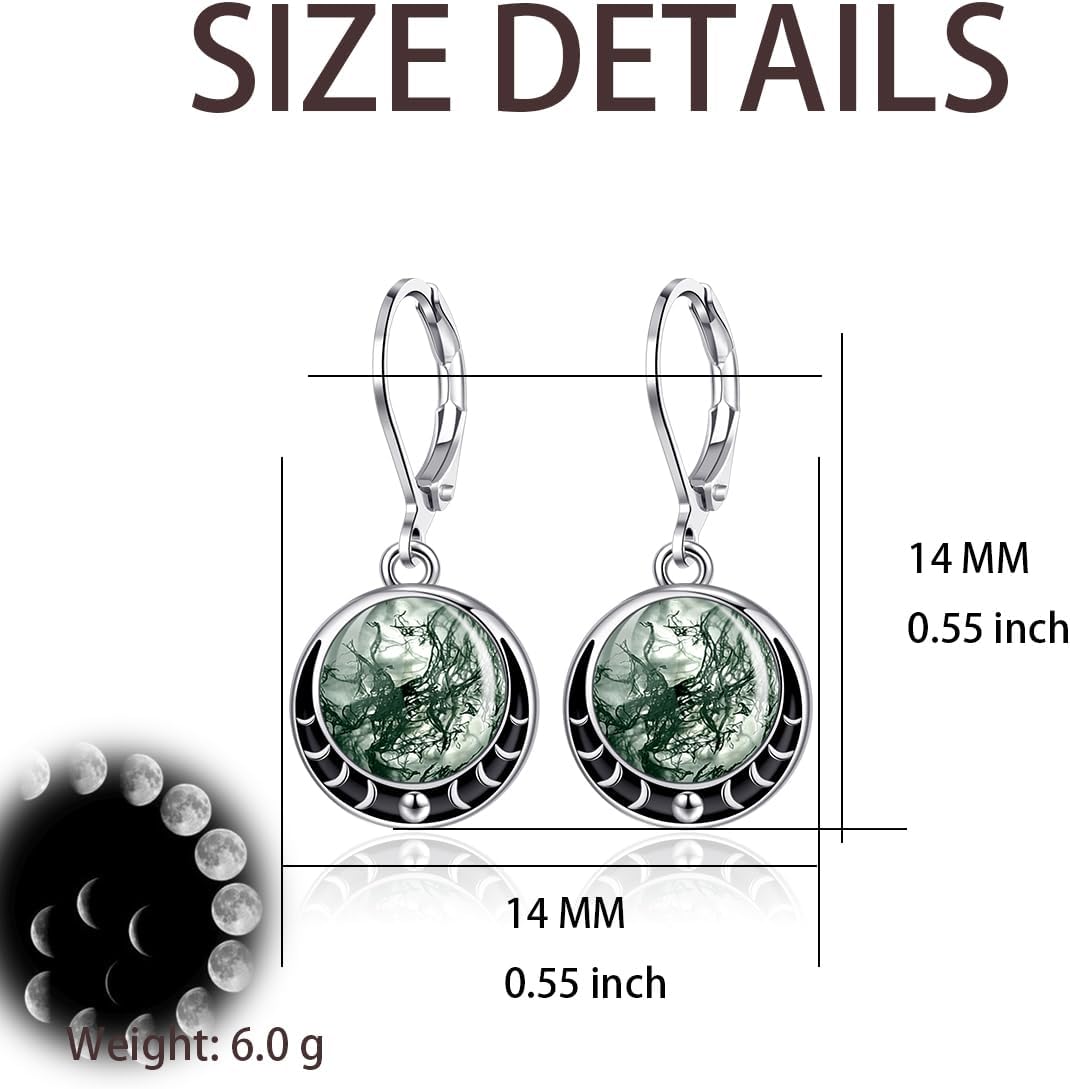 Moss Agate Earrings for Women Moon Phase Dangle Leverback Earrings Moon Jewelry Gift for Women - Image 3