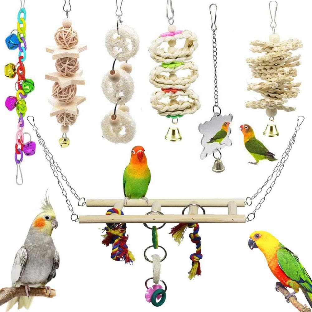 7 Pcs Bird Parrot Toys, ESRISE Hanging Bell Pet Bird Cage Hammock Swing Climbing Ladders Toy Wooden Perch Mirror Chewing Toy for Small…