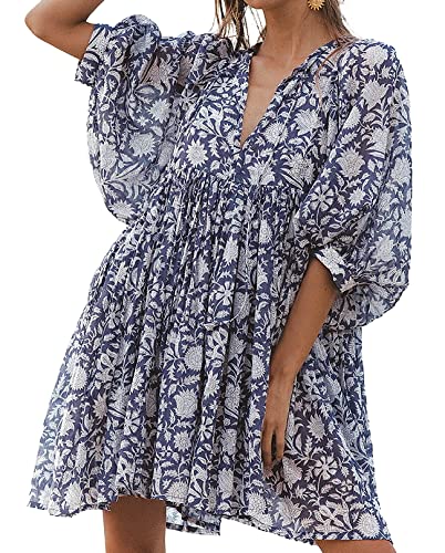 Image of Boho Dresses for Women Floral V Neck Puff SLVS Babydoll Short Beach Dress