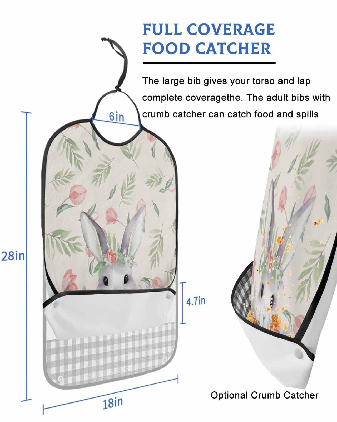 LEOKOTI Easter Bunny Adult Bibs for Eating, Waterproof Bibs with Food Catcher & Snap Closure, Spring Floral Pink Tulip Botanical Black Plaid Washable Clothing Protectors Adult Bibs for Elderly