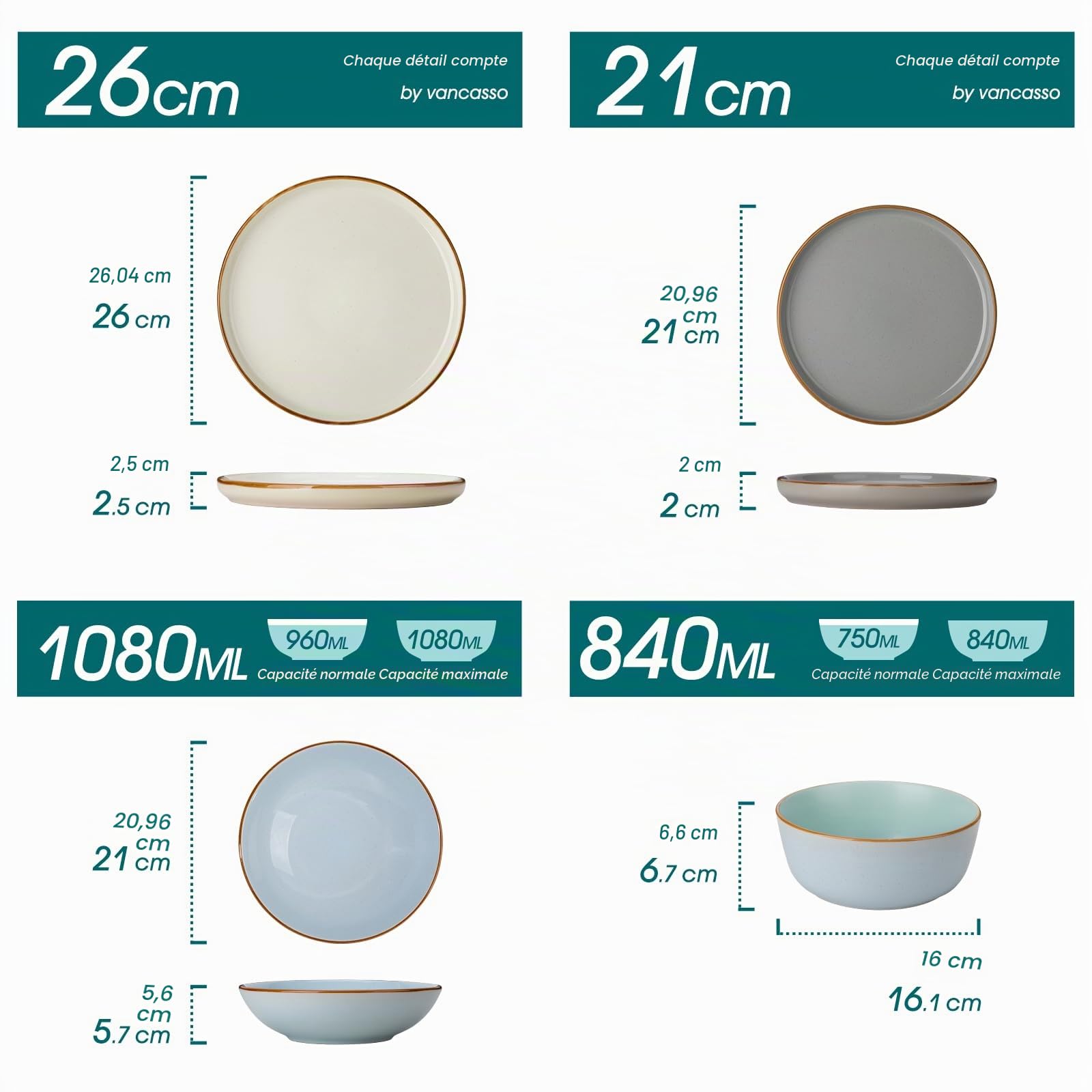 vancasso RENO Assittes Service de table en faïence pour 6 personnes, 24 pièces, Grès - Assiettes Plates, Dessert, Bols - Adapté au Micro, 3 Couleurs Bleu/Gris/Beige, 2 de chaque