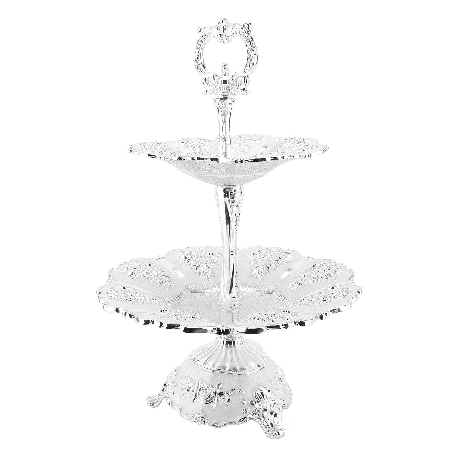 Soporte Tartas 2 Niveles, Soporte Postres Aleación Europea Reutilizable, Bandeja Servir Repostería con Asa Superior para Fiestas Té, Bodas, Decoraciones Cumpleaños (Plata Blanco)