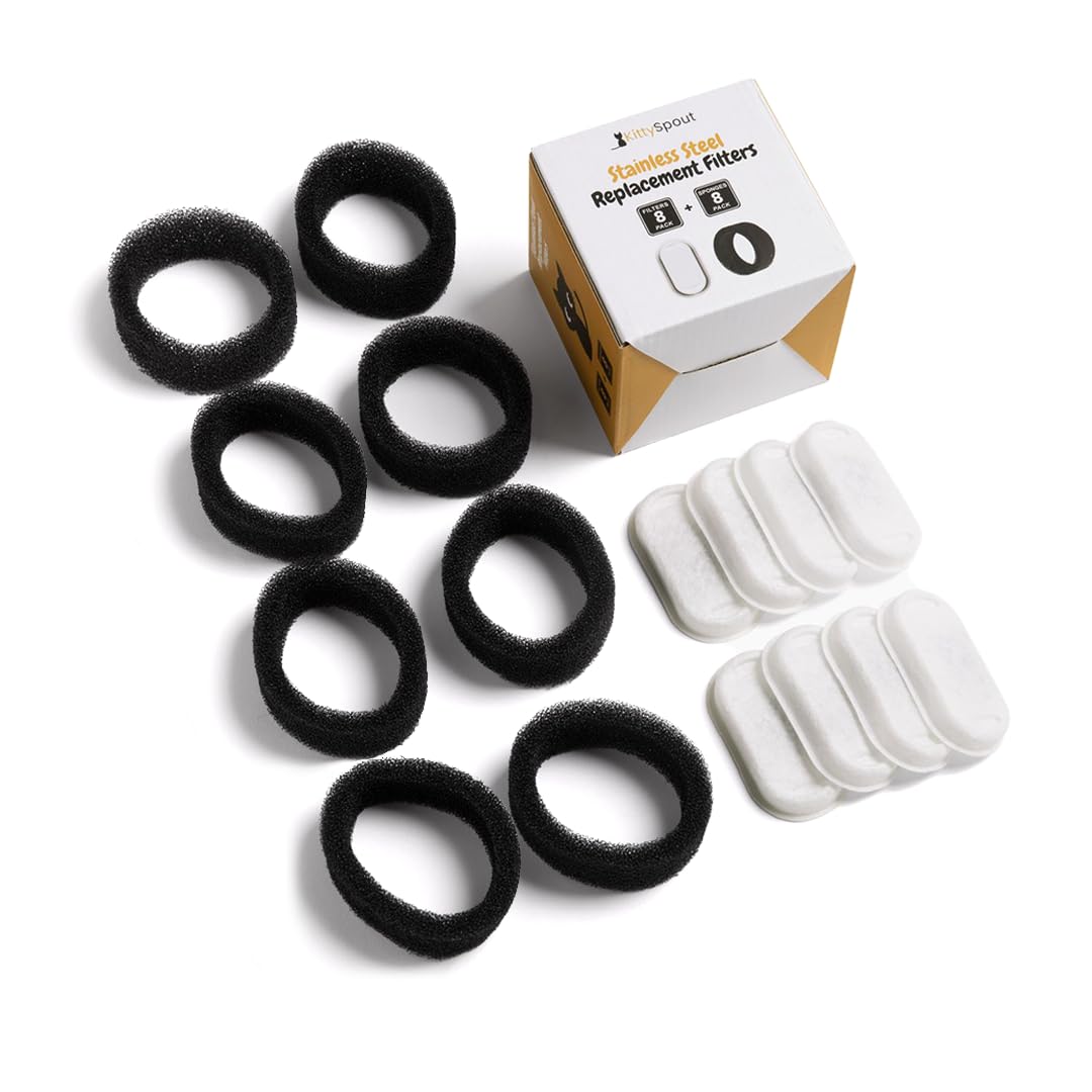 KittySpout Cat Water Fountain Filters for 108oz/3.2L… (4 Month Supply: 8 Filters & 8 Sponges), White, SSF246