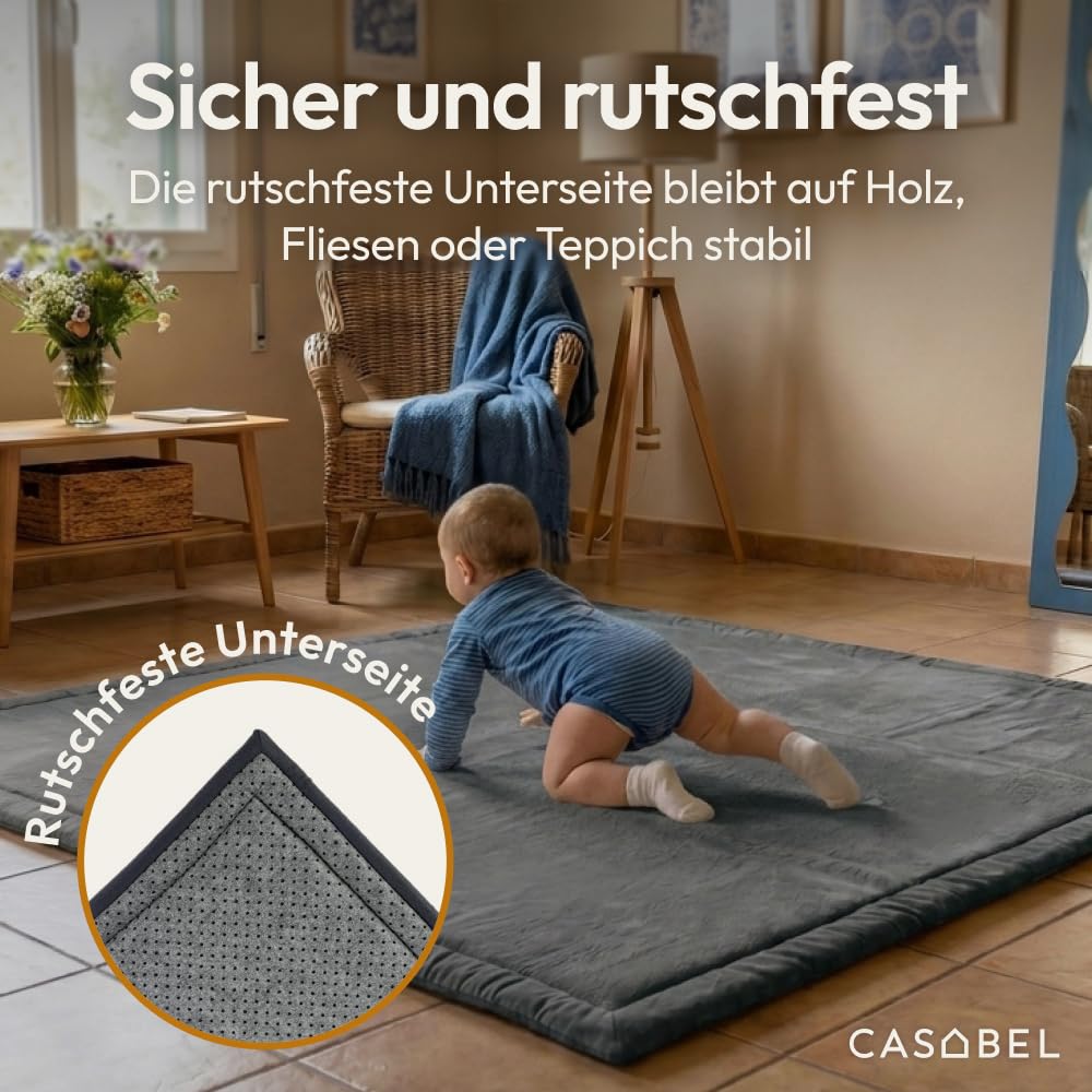 CASABEL Baby-Spielmatte aus Samt, dick und weich, 150x180cm, Grau | 2,5 cm dick, komfortabler Schaum, rutschfeste Unterseite, leicht zu reinigen, ideal zum Spielen und Krabbeln, Babyzimmer