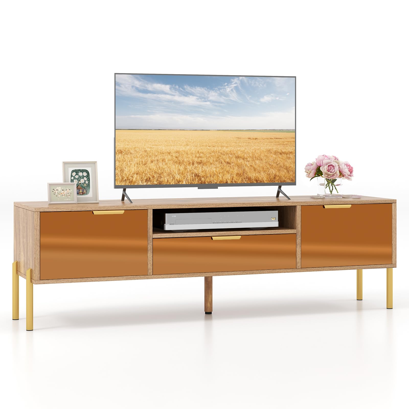 Tangkula Mirrored TV Stand for TV up to 65”, Modern TV Console Table w/Spacious Tabletop, 2 Storage Cabinets, Open Shelf, Pull-Out Drawer, Home Wooden