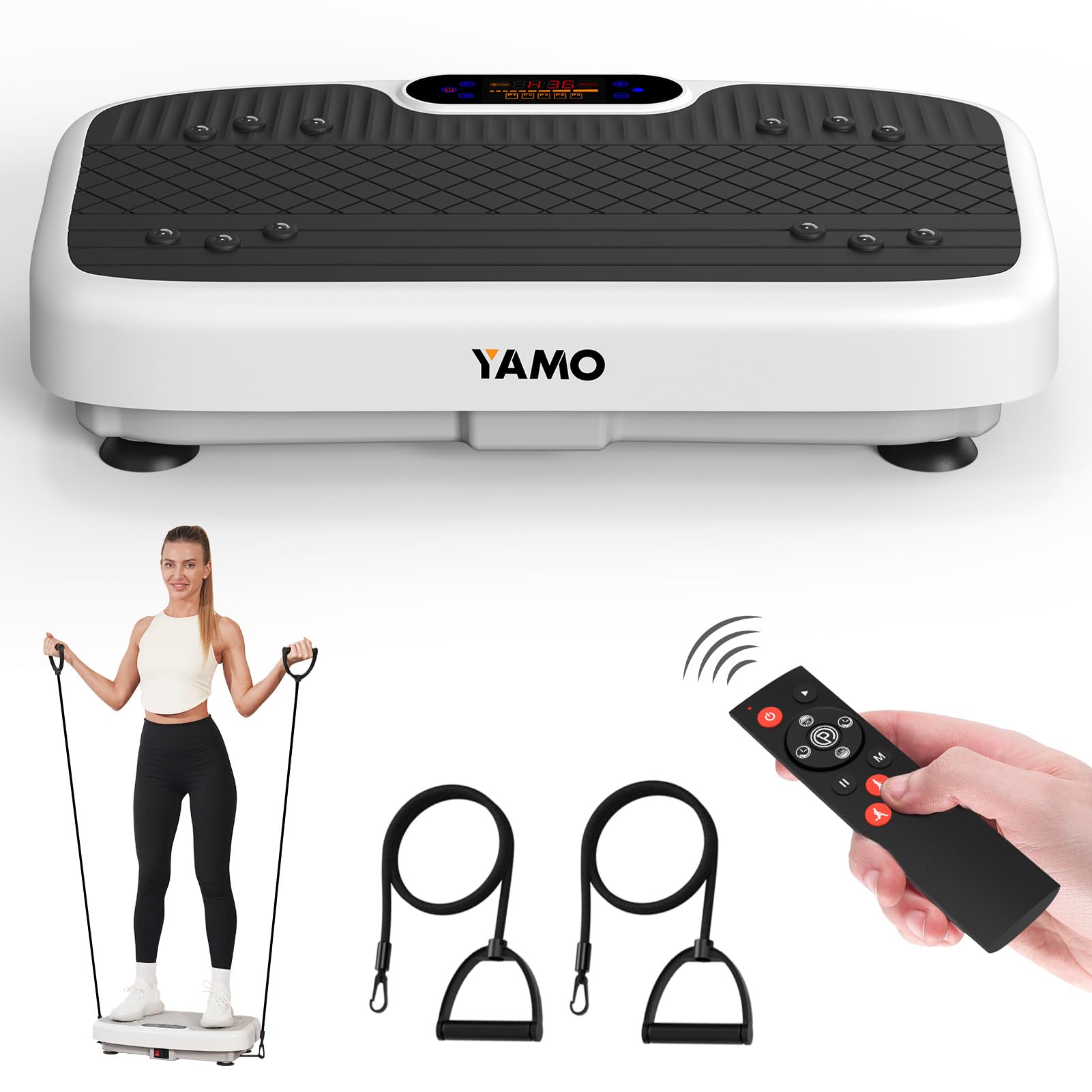 YAMO Pedana Vibrante, Piattaforma Pedana Vibrante Dimagrante 5 Programmi + 99 Livelli di Velocità, Display LED Telecomando Bande Elastiche, Carico Massimo 150KG