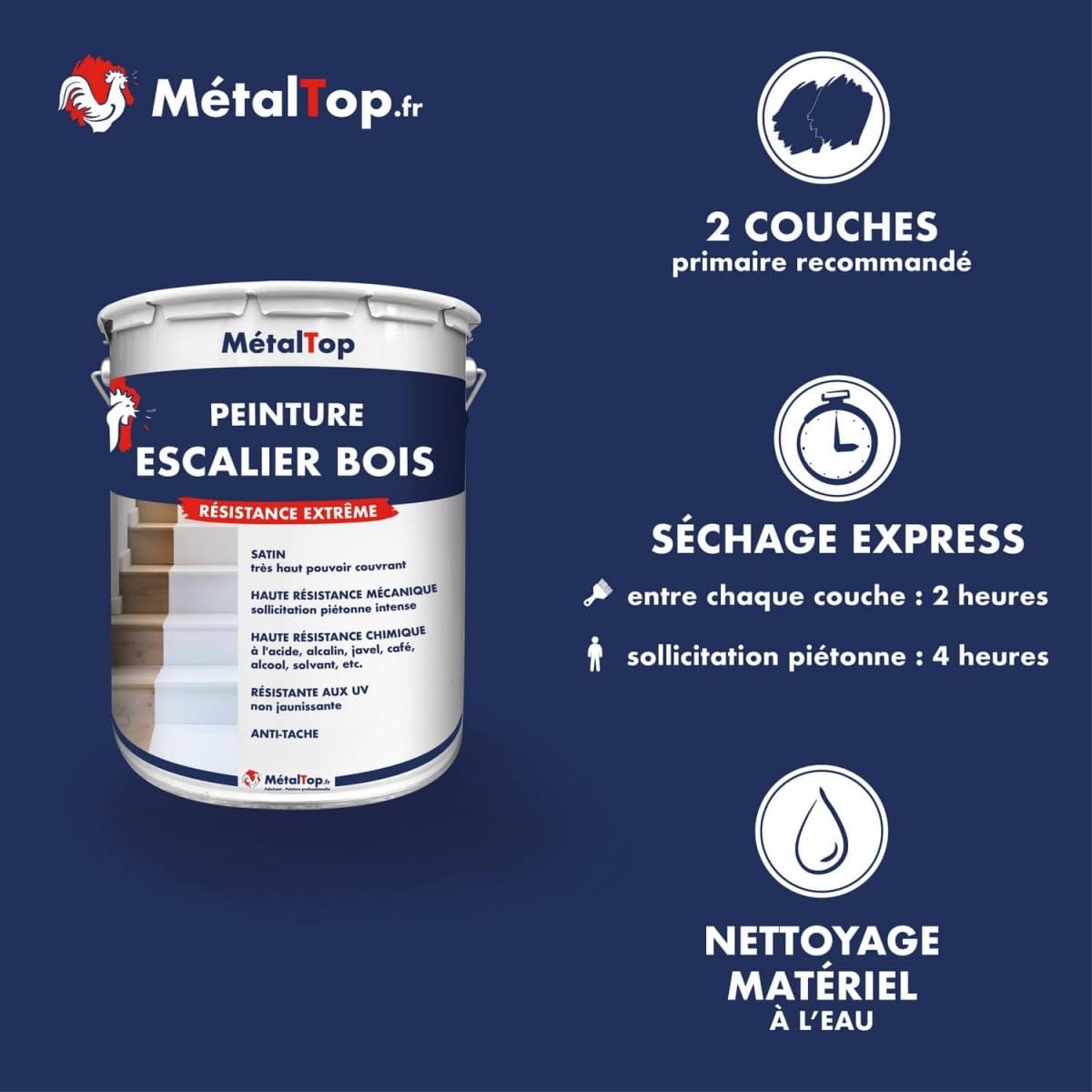 Metaltop - Peinture Escalier Bois - Noir signalisation - RAL 9017-1 L - Résistance extrême pour escaliers très sollicités, privés ou pros.