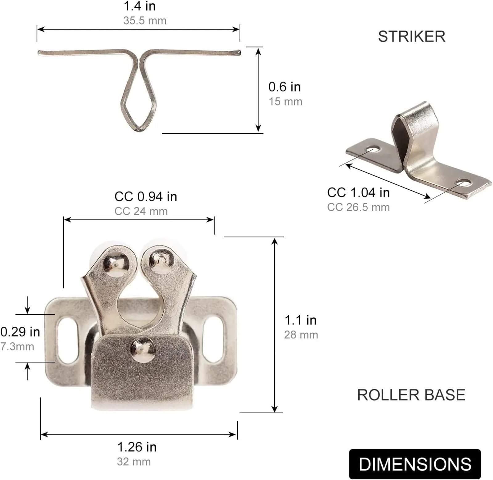 Doppel-Rollenschnäpper für Möbel, Schrank, Schrank, Rollverschluss, Doppelschnäpper mit Klöppel und kostenlosen Schrauben, 40 Stück