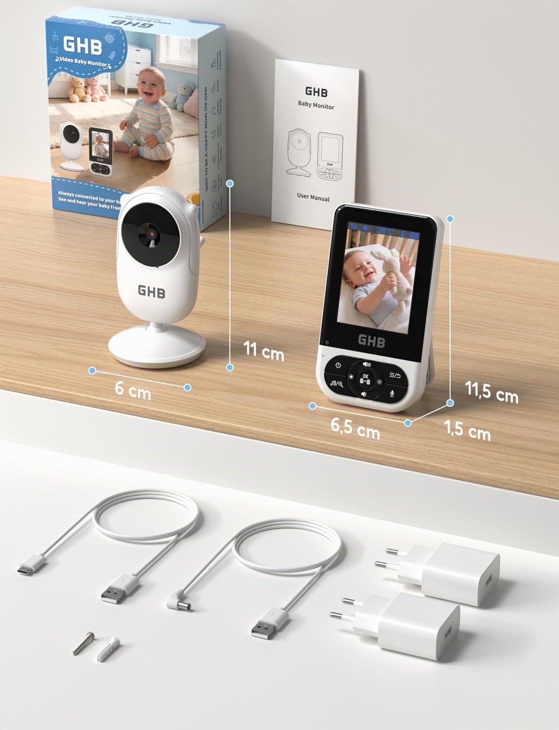 GHB Baby Monitor Video e Audio 2,8'', Telecamera Bambini con Monitor Visione Notturna, Audio Bidirezionale, Rilevamento della Temperatura, Promemoria per l'alimentazione, Ninna Nanna, Nero