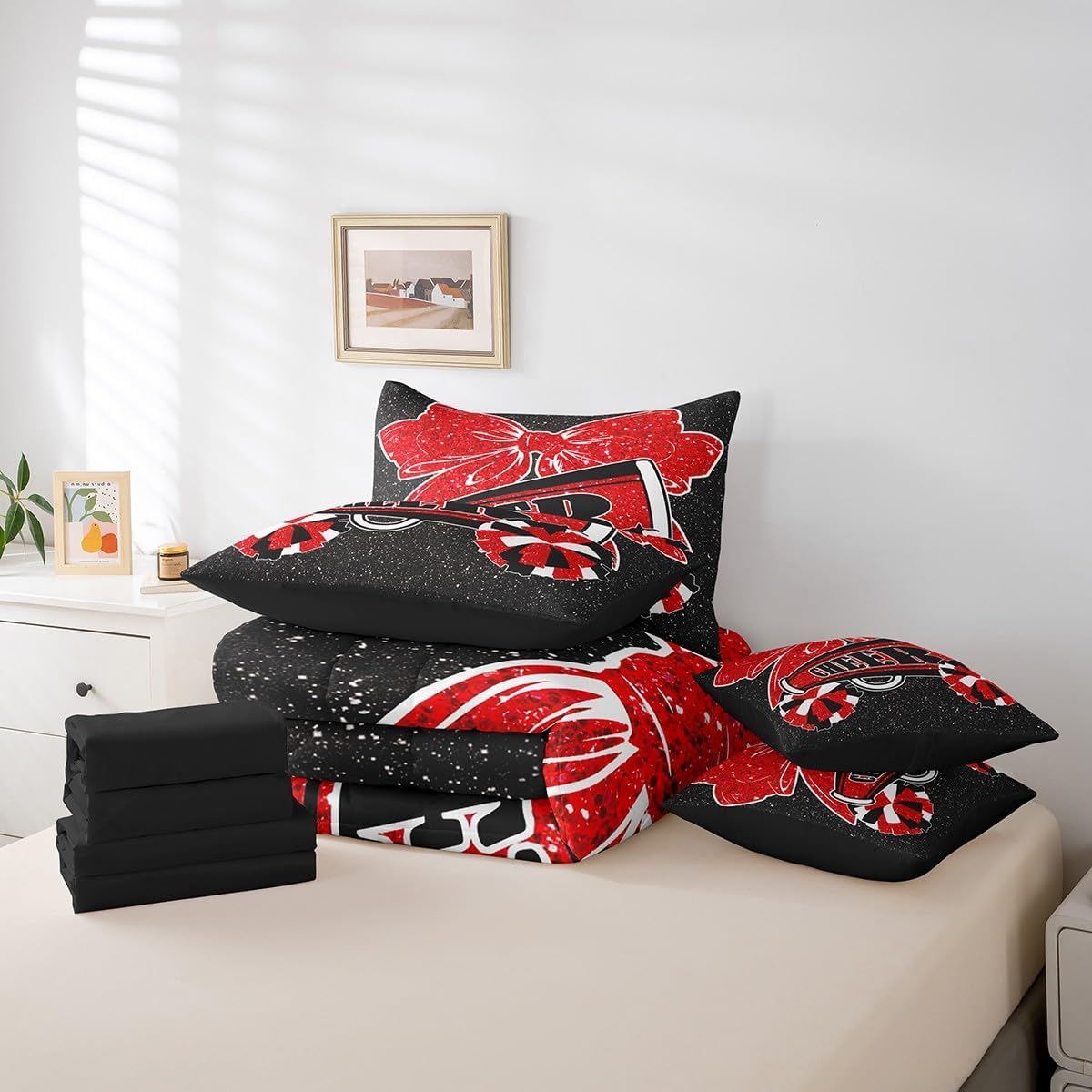 Cheerleading Bedding Comforter Sets 7 Pieces for Girls Red Bow Bed in a Bag, Glitter Sequin Print Full Bedding Sets Psychedelic Stars Comforter Set, Dance Cheer Squad Bedding Sets Room Decor Red Full image 6 of 7 B0DGT5GZWL