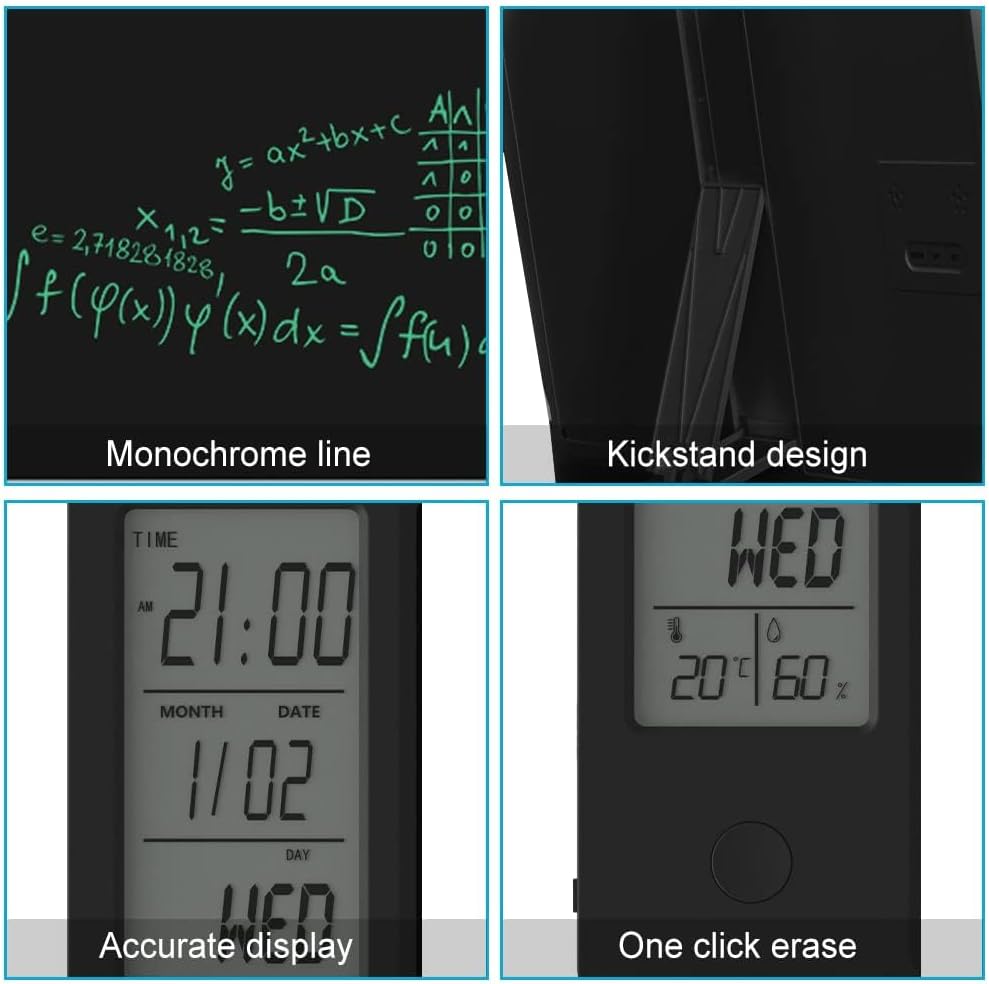 Electronic Calendar with Notepad Digital Clock Date Display Desktop Calendar Rechargeable 9.5inch Writing Board for Office Business Home Decor(Black)