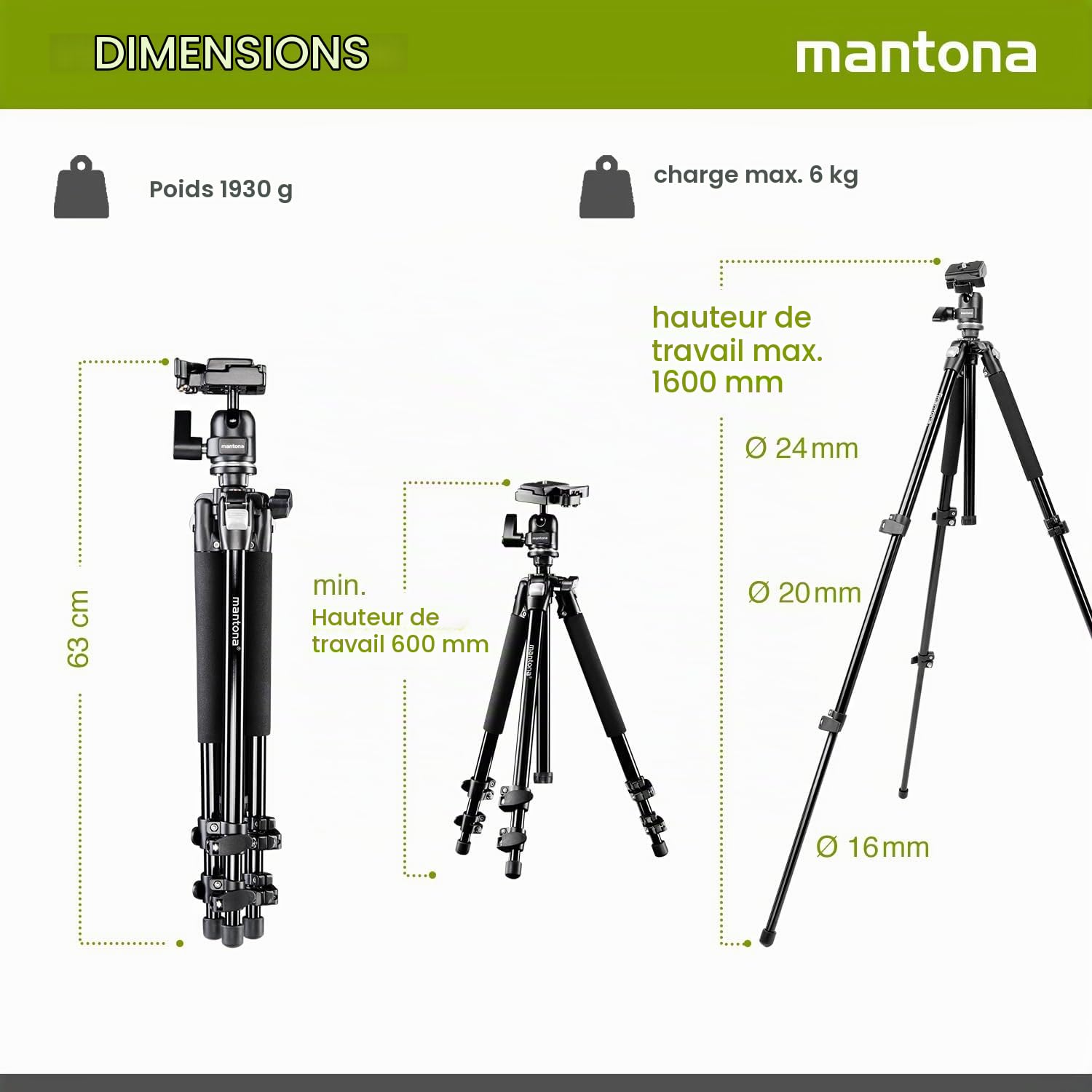 Mantona Scout Trépied Max, 157 cm (incl. rotule avec plateau de fixation rapide, niveau à bulle intégré, capacité de charge env. 6 kg)