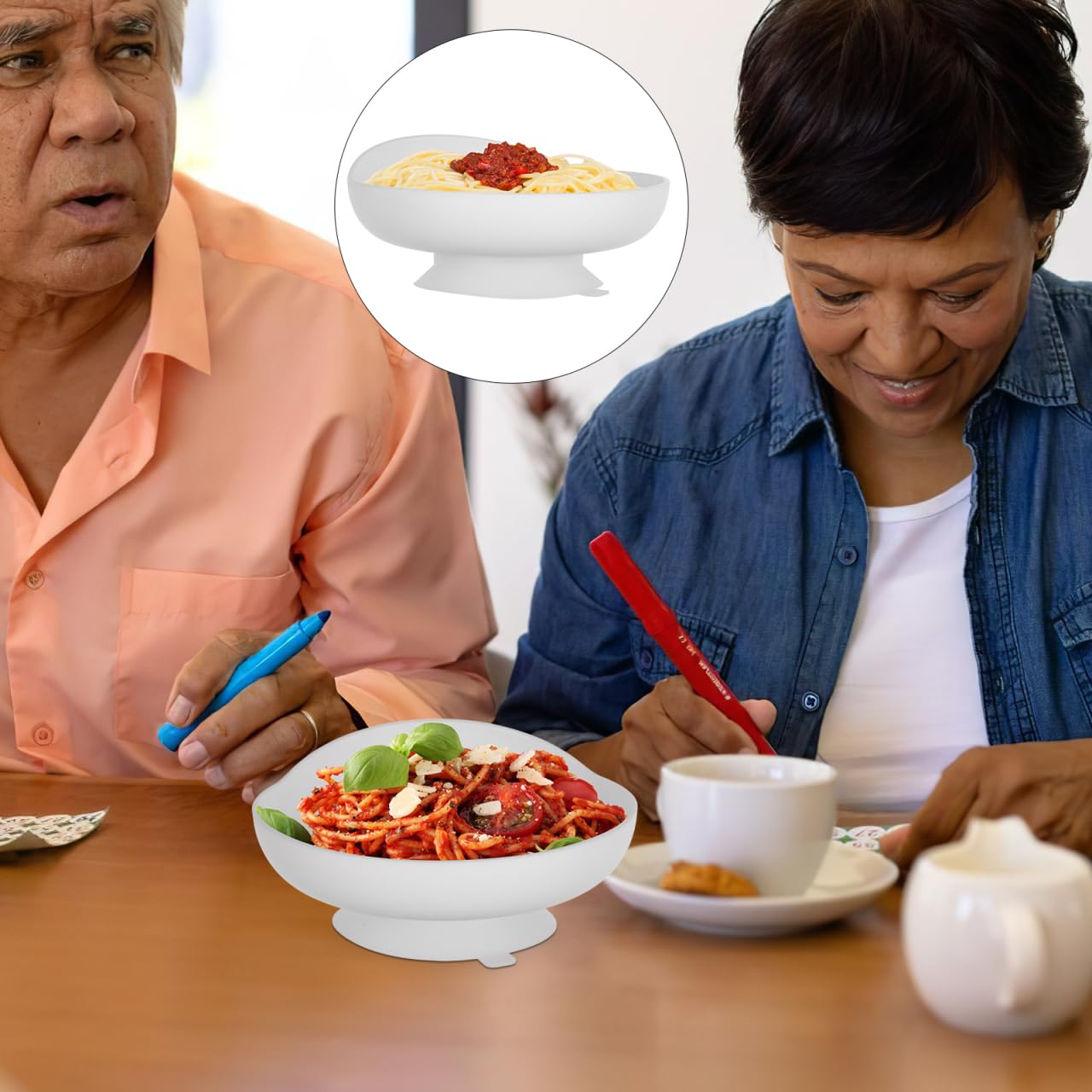 Tazón de Comida Autoalimentable Blanco de Silicona Pp Antisalpicaduras | Vajilla para Mayores y Pacientes con Discapacidad, Construcción Hermética, Apoyo Diario en Mesa