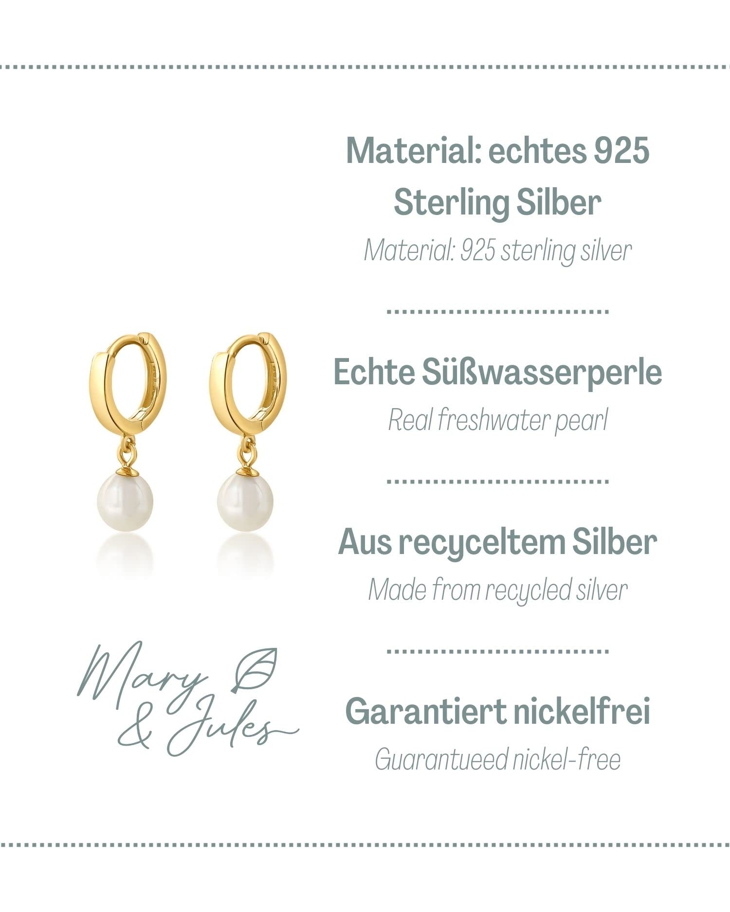 Mary & Jules Perlenohrringe Gold aus 925 Sterling Silber, aus recyceltem Silber, kleine Creolen mit Perlen Anhänger, schlichte Süßwasserperlen Ohrringe Damen, Echtschmuck Ohrstecker vergoldet